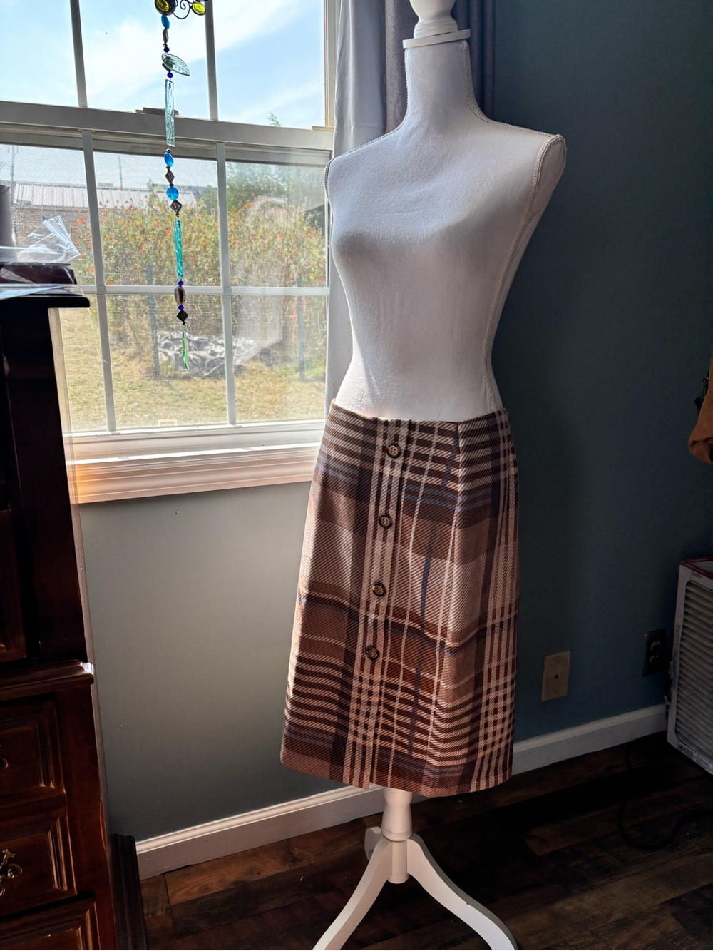 Plaid Button-Front Midi Skirt in Brown